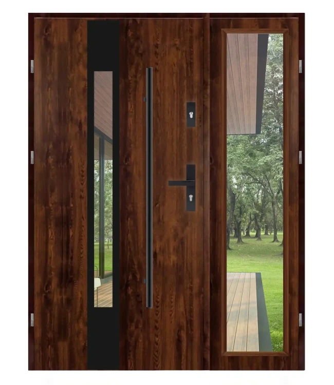 Drzwi zewnętrzne Dax F01, kolor orzech z detalami black. Solidne dwuskrzydłowe drzwi wejściowe, szerokość 140 cm.