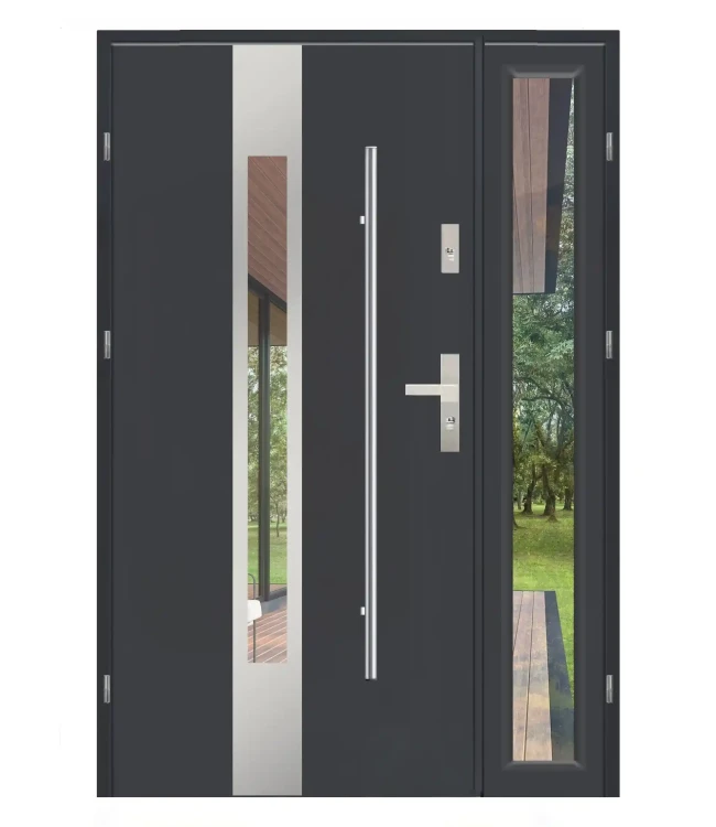 Drzwi dwuskrzydłowe Dax F01 antracyt z detalami inox, 120 cm. Nowoczesne wejście do domu.