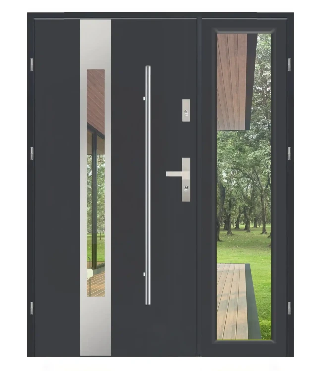 Antracytowe drzwi wejściowe Dax F01, szerokość 140 cm, z eleganckimi aplikacjami inox.