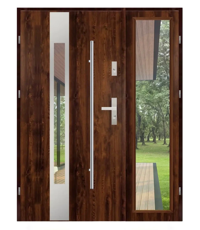 Drzwi zewnętrzne Dax F01 w kolorze orzech, szerokość 140 cm, wykończenie inox. Elegancja i styl.