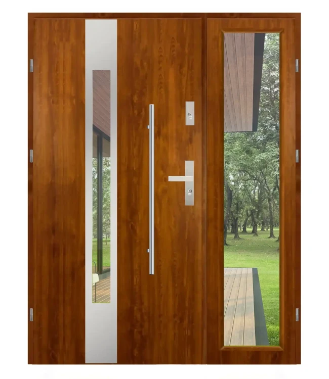Drzwi dwuskrzydłowe Dax F01 złoty dąb, 140 cm, ozdobne aplikacje inox. Wytrzymałe i stylowe.
