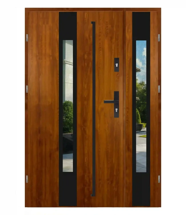 Dwuskrzydłowe drzwi zewnętrzne F01 Duo Black, złoty dąb 120 cm. Stylowe i bezpieczne.