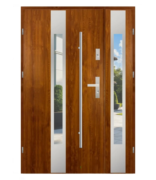Drzwi zewnętrzne F01 Duo Black złoty dąb 120 cm z elementami inox.