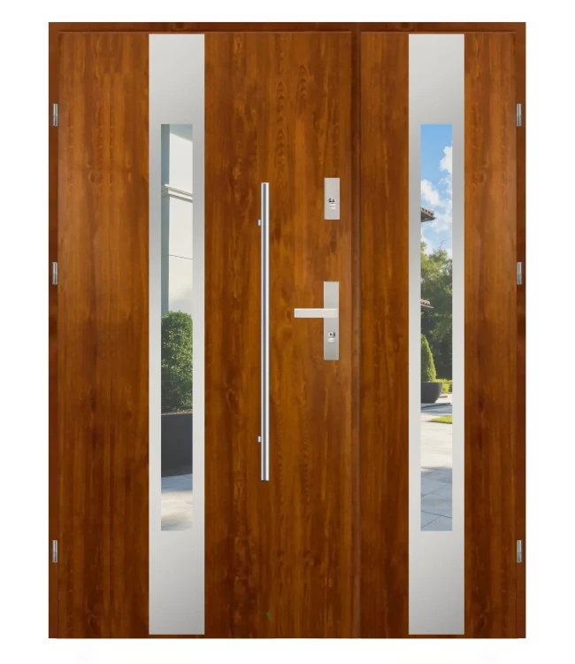 Drzwi wejściowe F01 Duo Black złoty dąb 140 cm z detalami inox. Solidny wybór.