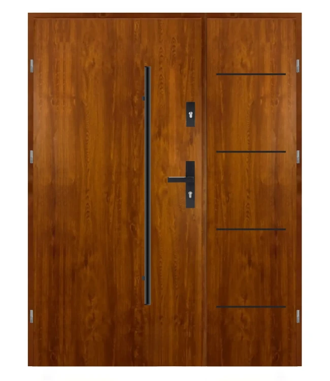 Drzwi MAXI LUX DUO 2 złoty dąb 140 cm z czarnym relingiem. Nowoczesność w Twoim domu.