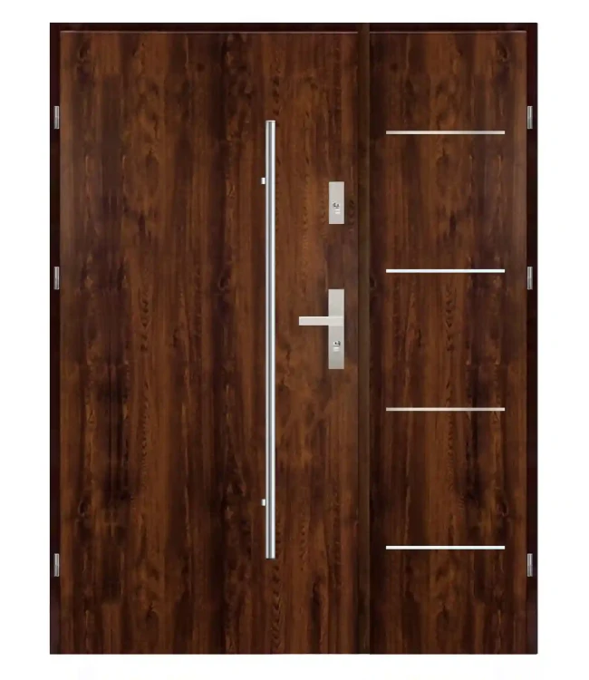 Drzwi zewnętrzne MAXI LUX DUO 2 Reling, orzech 140 cm z wykończeniem inox.