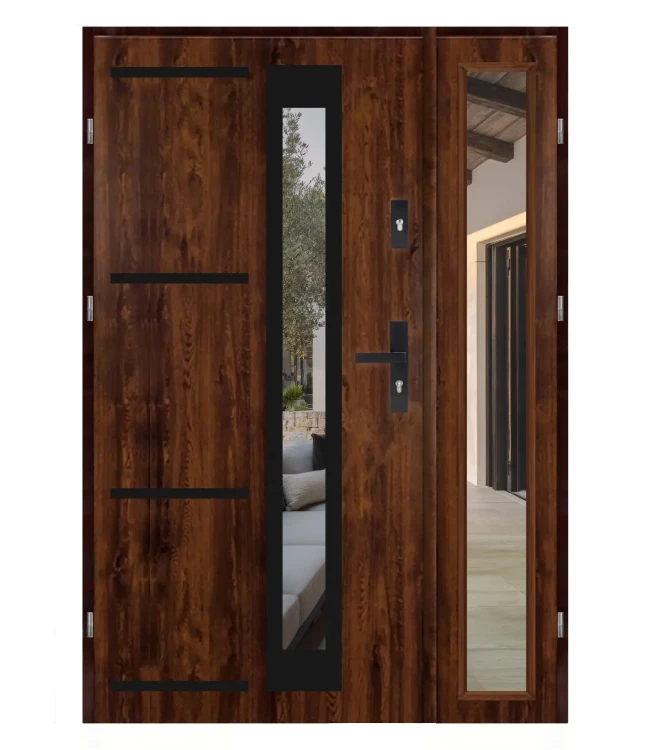 Drzwi wejściowe dwuskrzydłowe Premium Black 4 Dax, kolor orzech, szerokość 120 cm.
