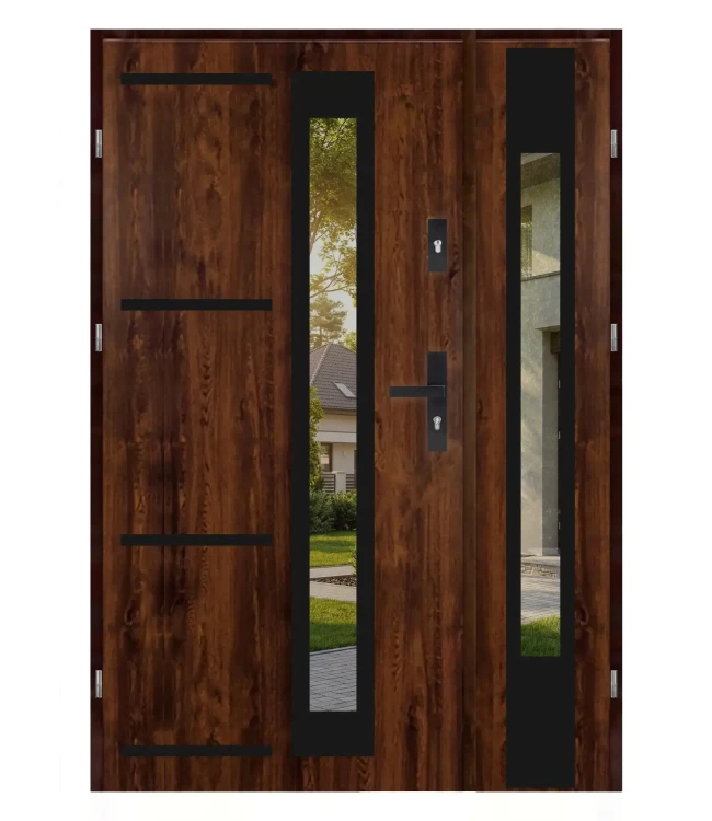 Drzwi wejściowe dwuskrzydłowe Premium Black 4 Duo, kolor orzech, szerokość 120 cm.