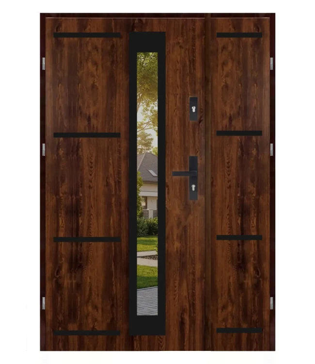 Drzwi wejściowe dwuskrzydłowe Premium Black 4 Duo 2, kolor orzech, szerokość 120 cm.