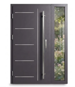 Nowoczesne drzwi zewnętrzne stalowe Thermo Future 41 w kolorze antracytowym z pionowym naświetlem bocznym i długim srebrnym pochwytem (antracyt inox).