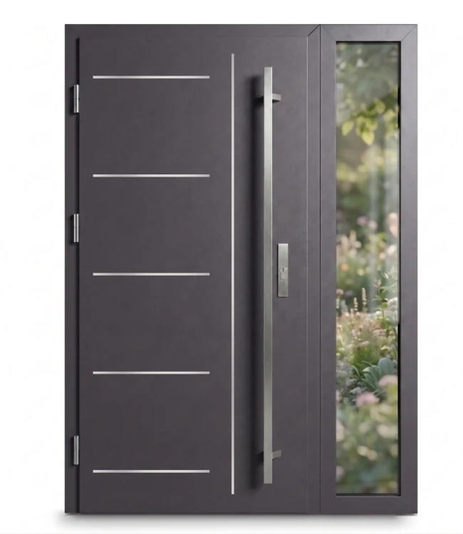 Nowoczesne drzwi zewnętrzne stalowe Thermo Future 41 w kolorze antracytowym z pionowym naświetlem bocznym i długim srebrnym pochwytem (antracyt inox).