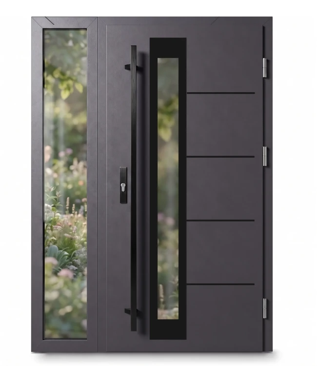 Drzwi zewnętrzne stalowe Thermo Future Premium Alu z naświetlem, antracyt z czarnymi okuciami black i przeszkleniem.