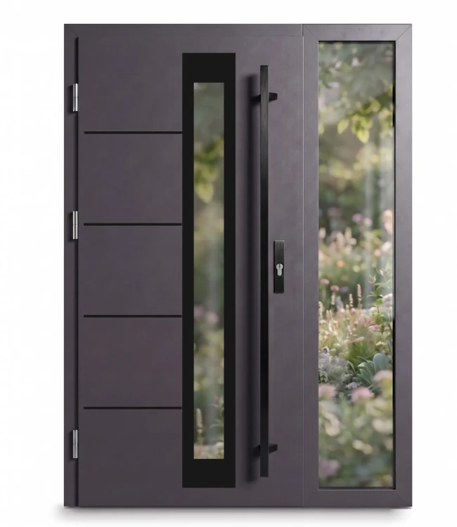 Drzwi wejściowe Thermo Future Premium Alu z szerokim naświetlem bocznym 50 cm, kolor antracyt i czarne akcesoria black.