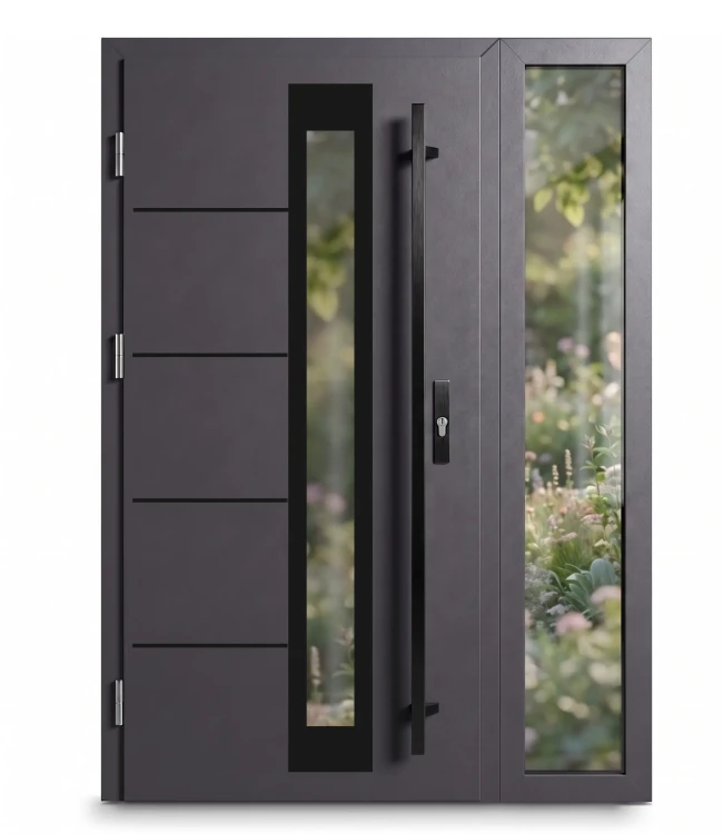 Nowoczesne drzwi stalowe Thermo Future Premium Alu z doświetlem bocznym, kolor antracyt struktura z czarnym pochwytem black.