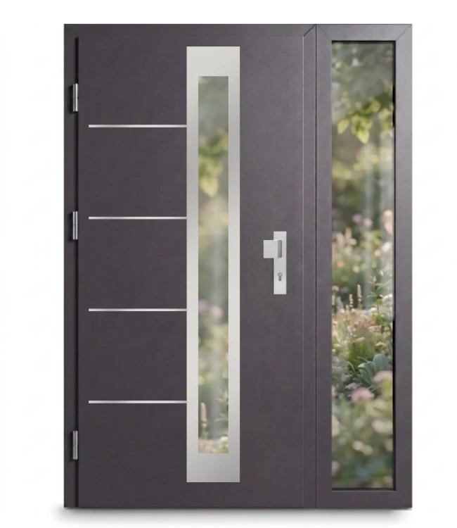 Drzwi wejściowe stalowe Thermo Future Premium Alu z naświetlem, kolor antracyt z aplikacjami i długim pochwytem ze stali nierdzewnej inox.