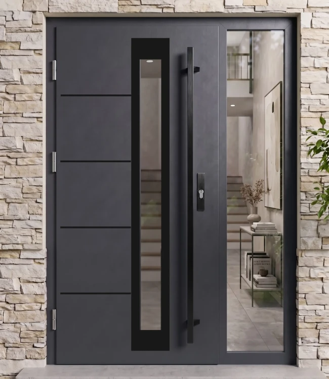 Drzwi wejściowe stalowe Thermo Future Premium Alu z naświetlem z szybą przezroczystą, kolor antracyt i okucia black.