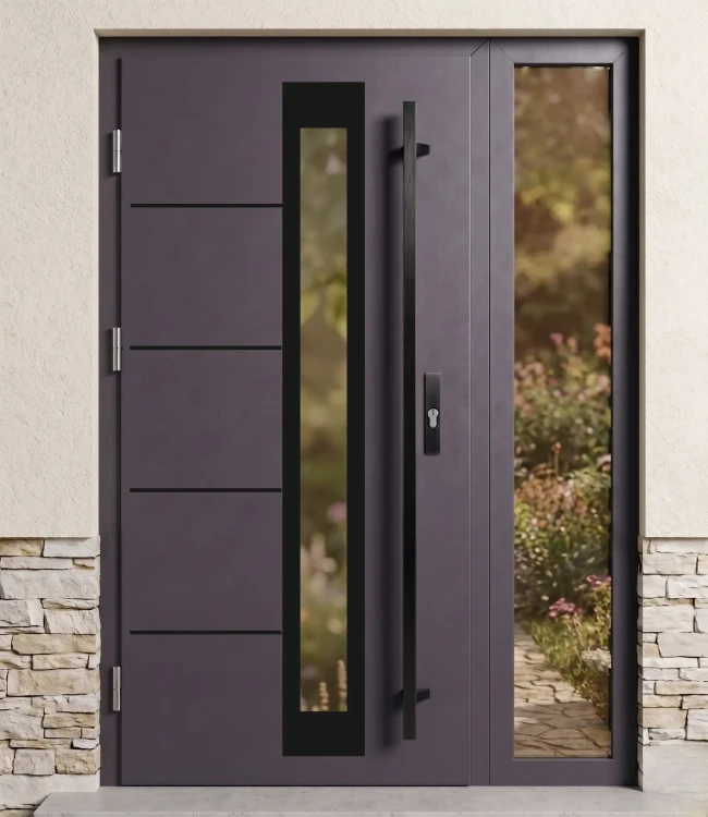 Drzwi stalowe Thermo Future Premium Alu z naświetlem i szybą reflex, kolor antracyt z czarnymi okuciami i pochwytem black.