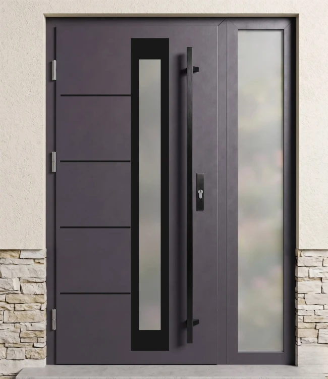 Drzwi stalowe Thermo Future Premium Alu z naświetlem z szybą mleczną, kolor antracyt i czarne okucia black.