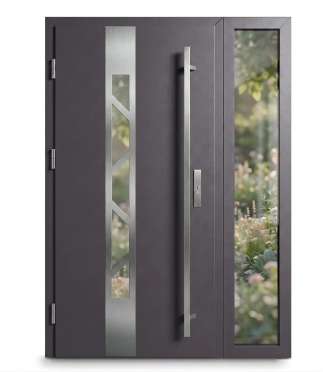 Nowoczesne drzwi stalowe z doświetleniem bocznym Thermo Future Piramida antracyt inox