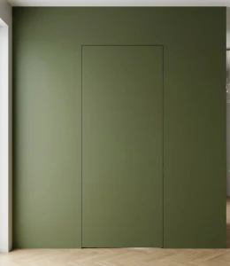 Ekskluzywne drzwi ukryte 2400 mm lakierowane na modny odcień zieleni. Doskonałe rozwiązanie dla osób szukających nieszablonowego wykończenia wnętrza w stylu loft lub nowoczesnym.