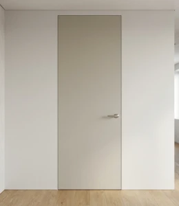 Wysokie drzwi ukryte o wysokości 2400 mm w wykończeniu lakierowanym. Idealne do nowoczesnych, minimalistycznych wnętrz, gdzie kluczowa jest elegancja i spójność ze ścianą.