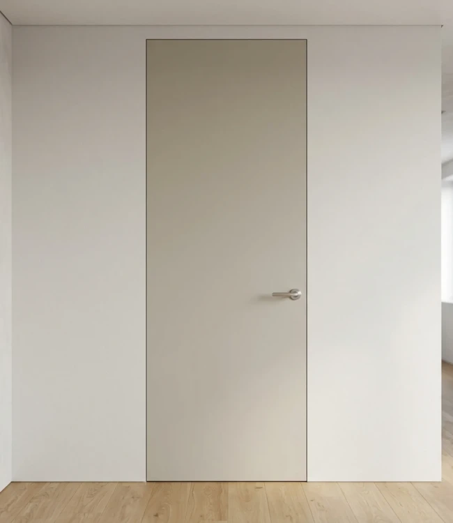 Wysokie drzwi ukryte o wysokości 2400 mm w wykończeniu lakierowanym. Idealne do nowoczesnych, minimalistycznych wnętrz, gdzie kluczowa jest elegancja i spójność ze ścianą.