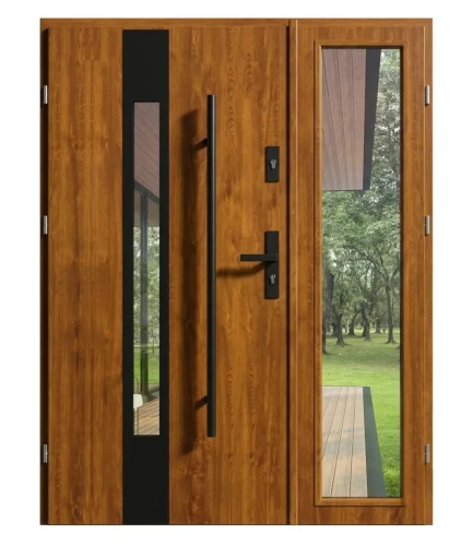 Drzwi zewnętrzne dwuskrzydłowe Dax F01 w kolorze złoty dąb, szerokość 140 cm. Nowoczesne i eleganckie drzwi wejściowe.