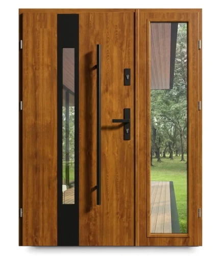Drzwi zewnętrzne dwuskrzydłowe Dax F01 w kolorze złoty dąb, szerokość 140 cm. Nowoczesne i eleganckie drzwi wejściowe.