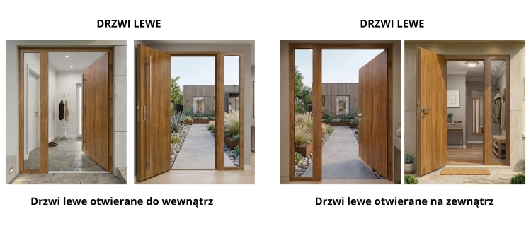 Schemat techniczny i kierunki otwierania drzwi zewnętrznych Thermo Future Strong z naświetlem bocznym