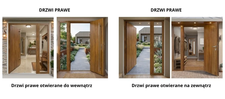 Schemat techniczny i kierunki otwierania drzwi zewnętrznych Thermo Future Strong z naświetlem bocznym