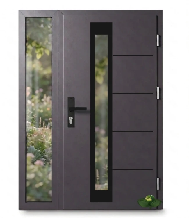 Nowoczesne drzwi antracytowe Thermo Premium Alu z naświetlem i czarną klamką. Eleganckie wejście.